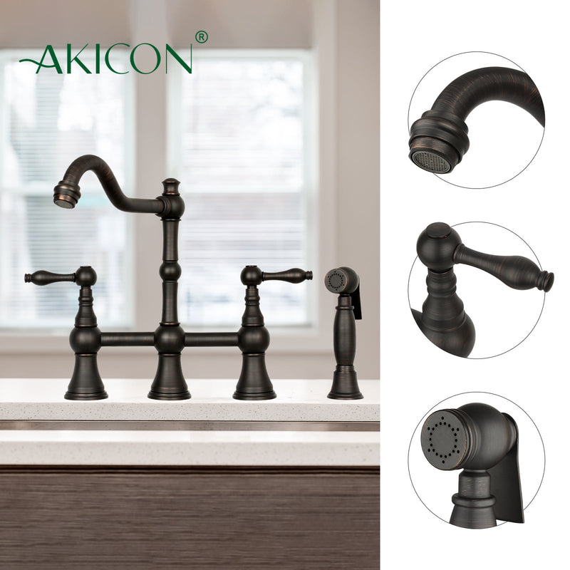 Two-Handles Oil Rubbed Bronze Bridge Kitchen Faucet with Side Sprayer - AK96718-ORB