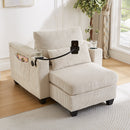 Convertible Chaise Lounge Sofa Chair Sofa Bed with USB Ports, Cup Holders, Phone Holder, and Storage, Beige Corduroy, 37.4'