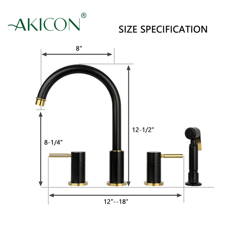 Two-Handles Matte Black & Gold Widespread Kitchen Faucet with Side Sprayer - AK96866-BLZG