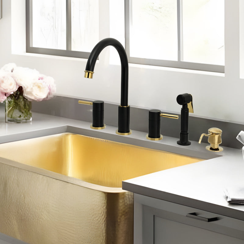 Two-Handles Matte Black & Gold Widespread Kitchen Faucet with Side Sprayer - AK96866-BLZG