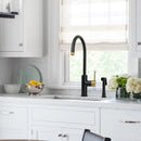 One-Handle Matte Black & Brushed Gold Widespread Kitchen Faucet with Side Sprayer-AK96966-BLBG