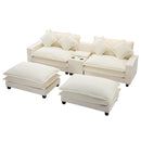 Chenille Upholstered Sectional Sofa with Removable Ottoman, USB Ports, Cup Holders, and Storage, Beige, 111'