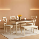 Sixty Inch Solid Wood Walnut Finish Dining Table Set Upholstered Chairs