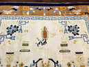 Indo Chinese Rug 9x12, Asian Oriental Carpet 9 x 12, Cream & Burnt Orange, Handmade Wool Vintage Art Deco Rug