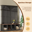 [Assembly Video Provided] Farmhouse Hall Tree with 4 Hidden Hanging Hooks, Versatile Walnut Seating Bench with 8 Doors, Entryway Shoe Cabinet with Open Compartments for Living Room, Black
