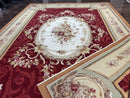 Large Aubusson Rug 10x14, Wool Handmade Vintage Carpet, Dark Red Ivory Tan, French European Elegant Aubusson Weave Rug