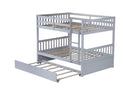 Full Over Full Rubber Wood Bunk Bed with Trundle, Ladder and Guardrails, Convertible to 2 Full Size Beds, with Twin Size Trundle,Light Grey
