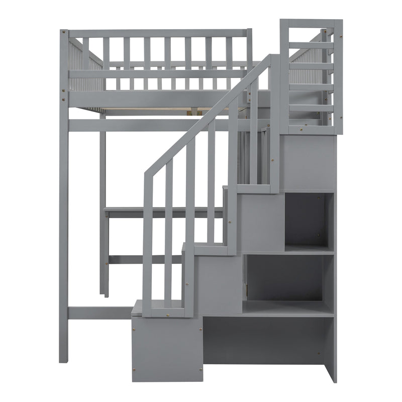 Full size Loft Bed with Bookshelf,Drawers,Desk,and Wardrobe-Gray