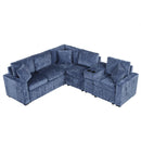L-shaped Convertible Sofa Bed with Pull-Out Bed, Cup Holders, and Storage Space, Blue Chenille, 120.5'