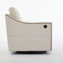 cream white fabric swivel rotating accent chair with USB and magazine book for living room and hotel bed room
