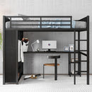 Full XL Size Loft Bed Frame with Built-in Wardrobe, Metal Loft Bed with Desk and Storage Shelves, Black