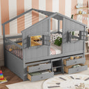 Full Size House Loft Bed with Roof, Windows,4 Storage Drawers,Pine Wooden Bed with Safety Guardrails,Ladder,Grey