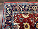 Indo Heriz Rug 8x10, Red and Navy Blue, Allover Pattern, Wool Handmade Carpet