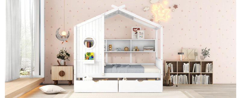 Wooden Full Size House Bed with 2 Drawers,Kids Bed with Storage Shelf, White