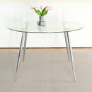 Modern simple round glass table, wear-resistant tempered glass countertop, electroplated table legs, grey PU dining chair set, suitable for restaurant kitchen use (set of 7)