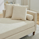 Beige Chenille Upholstered Chaise Lounge with Nailheads, Sleeper Sofa Couch With 4 Throw Pillows&2 Bolsters, Daybed with Rubberwood Legs, 75.2'' Wide