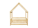 Full Size House Floor Wooden Bed with Roof Frame, Safety Guardrails,Natural