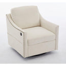 cream white fabric swivel rotating accent chair with USB and magazine book for living room and hotel bed room