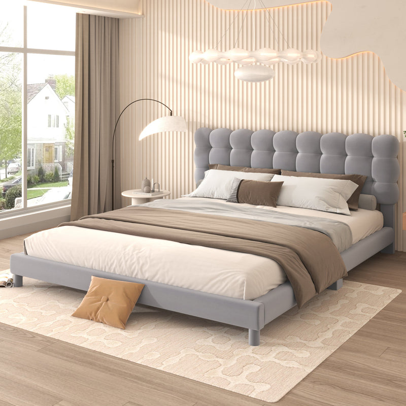 Queen Size Upholstered Platform Bed with Soft Headboard,Gray