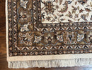 Indo Kirman Rug 8x12 Allover Floral Design, Ivory/Cream Brown, Vintage Handmade Hand Knotted Rug, Traditional Wool Persian Carpet 8 x 12