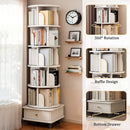 6 Tier Rotating Bookshelf with Wheels and Drawer, 360° Spinning Design, Space Saving Storage, for Home and Office, White MDF