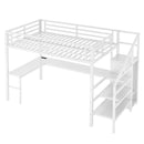 Full Size Loft Bed with L-shaped Desk and USB, Metal Loft Bed with Wardrobe and Adjustable Shelf, High Loft Bed with LED for Kids Teens Adults, White