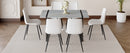 Table and chair set. Modern minimalist grey marble textured MDF dining table with metal frame. Comes with 6 chairs with PU cushions and black metal legs.