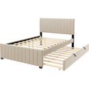 Full Size Velvet Upholstered Platform Bed with Twin Size Trundle, Beige