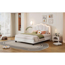 Full Size Upholstered Flower-Shape Bed, Elegant Flowers Headboard with LED Light Strip, Sherpa Fabric Platform Bed with Wooden Slats Support, White