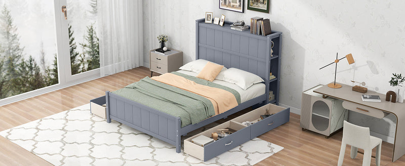 Full Size Platform Bed with Drawers and Storage Shelves, Gray