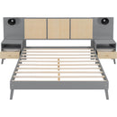 Queen Size Solid Wood Bed Frame with 2 Nightstands, Elegant Design with Lamps, Rattan and Wood Combination,Gray