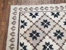 Semi Antique South American Blanket 4x8, Wool Hand-Woven Flatweave Kilim Rug, Handmade Antique Vintage Runner, Ivory & Blue, Diamond Panel