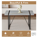 Table and chair set. Modern minimalist grey marble textured MDF dining table with metal frame. Comes with 6 chairs with PU cushions and black metal legs.