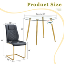 A modern minimalist style round transparent tempered glass table with gold metal legs, paired with 4 modern PU leather high-back dining chairs, bring a luxurious experience.