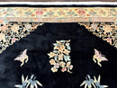 Chinese Wool Rug 9x12, Chinese Carving Carpet, Floral Medallion, Black and Beige, Butterflies, Vintage Asian Oriental Rug, 90 Line Rug