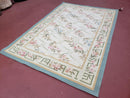 Vintage Aubusson Area Rug, Aubusson Flat weave Carpet, Floral Geometric Pattern, Beige Teal Green, 4x6 Rug, European Design