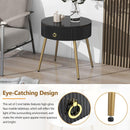 19.6" Easy Assembly End Tables with High Gloss Faux Marble Tabletops, Set of 2, Modern Fluted 2 Side Tables with Drawers, Round Coffee Tables with Golden Legs for Living Room, Black