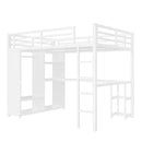 Queen Size Loft Bed Frame with Built-in Wardrobe, Metal Loft Bed with Desk and Storage Shelves, White