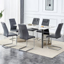 Table and chair set.63'x31.5x30' Luxurious Pandora patterned Sintered Stone Tabletop with Silver Stainless Steel Butterfly Legs.Paried With 6 Dark Gray High-quality PU Chairs With Arched Metal Legs.
