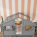 Full Size House Loft Bed with Roof, Windows,4 Storage Drawers,Pine Wooden Bed with Safety Guardrails,Ladder,Grey