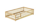 Twin Size Floor Bed with Fence and Door,Rubber Wood Floor Bed with Safety Guardrails,Natural
