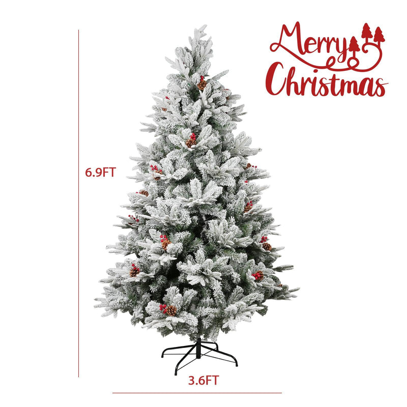 6.9' Artificial Christmas Tree Snow Flocked Xmas Tree with Pine Cones and Red Berries 1150 Branch Tips