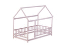 Twin Size House Floor Wooden Bed with Roof Frame,Safety Guardrails,Pink