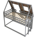 Cozy and Fun Wood Twin Size House Bunk Bed with Window Roof Shape Design with Ladder and Climbing Ramp, Brown+Gray
