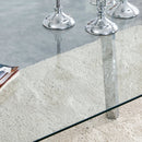 Table and chair set.71 * 35.4 inch rectangular dining table.Tempered Glass Tabletop,Silver 7-shaped Metal Table Legs.Paried With 6 Dark Gray High-quality PU Chairs With Arched Metal Legs.
