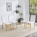 A Set of 4 White PU Leather Backrest Chairs with Gold Metal Legs - A Perfect Match, Suitable for Minimalist and Contemporary Home Décor Styles, With Product Dimensions of 16.2*18.5*34.6 inches