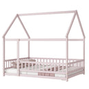 Full Size House Floor Wooden Bed with Roof Frame, Safety Guardrails,Pink