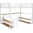 Full Size Metal Loft Bed with Desk, Storage Shelves and Charging Station, White