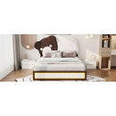 Full Size Upholstered Platform Bed with Bear Shaped Headboard, LED Light Strips, White + Brown