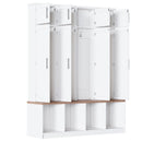 [Assembly Video Provided] Farmhouse Hall Tree with 4 Hidden Hanging Hooks, Versatile Walnut Seating Bench with 8 Doors, Entryway Shoe Cabinet with Open Compartments for Living Room, White